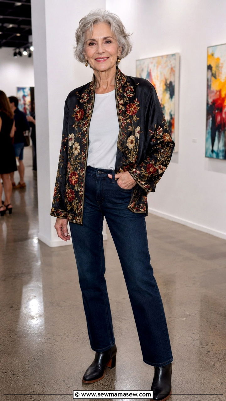 Embroidered Jacket With Straight Leg Jeans - 30 Night out outfit ideas women over 60