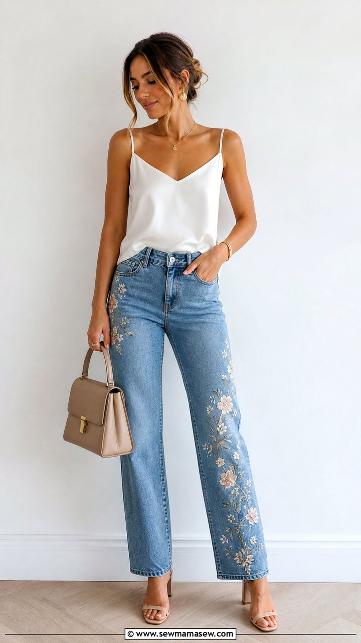 Embroidered Jeans With Simple Top - 25 jeans outfits aesthetic