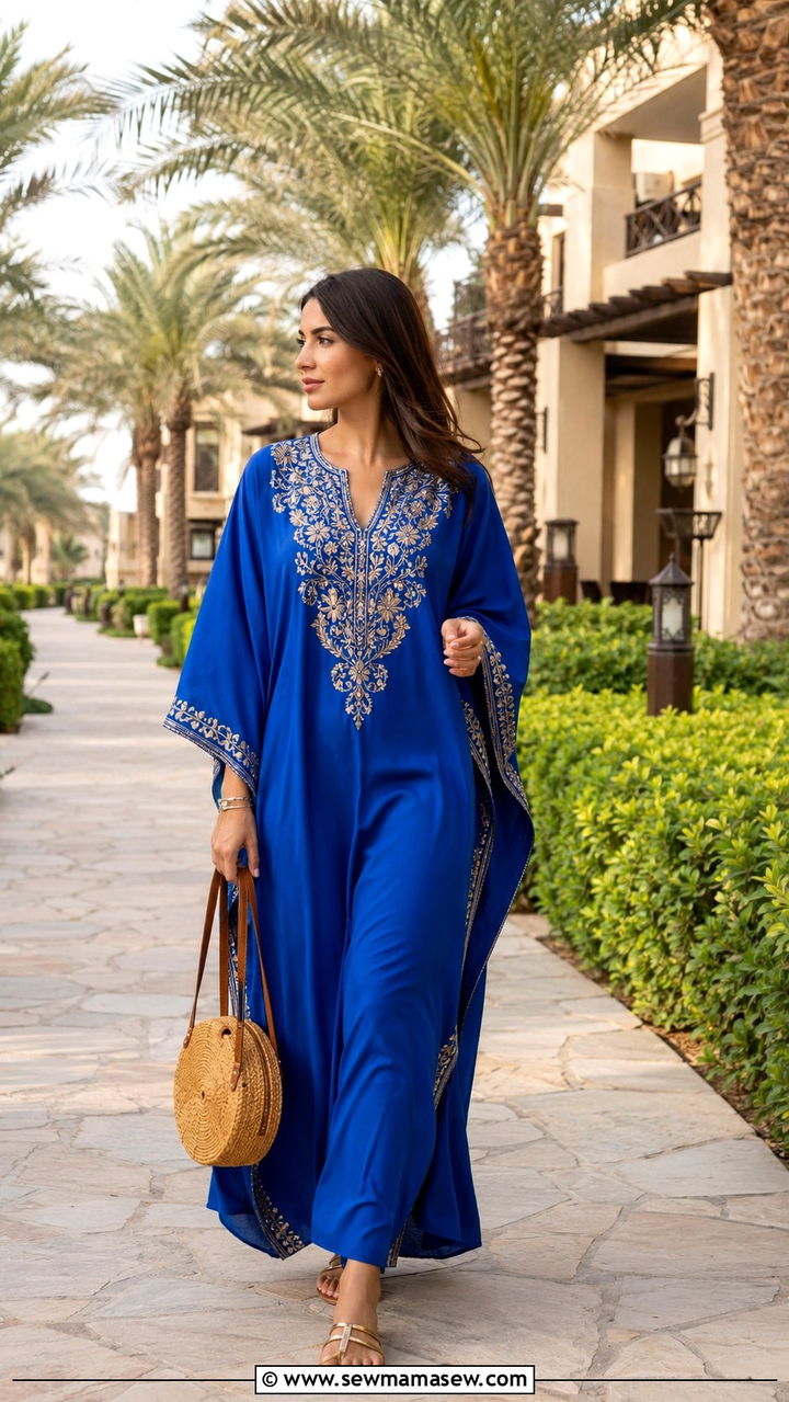 Embroidered Kaftan Dress With Flat Sandals - 30 Dubai vacation outfit ideas modest