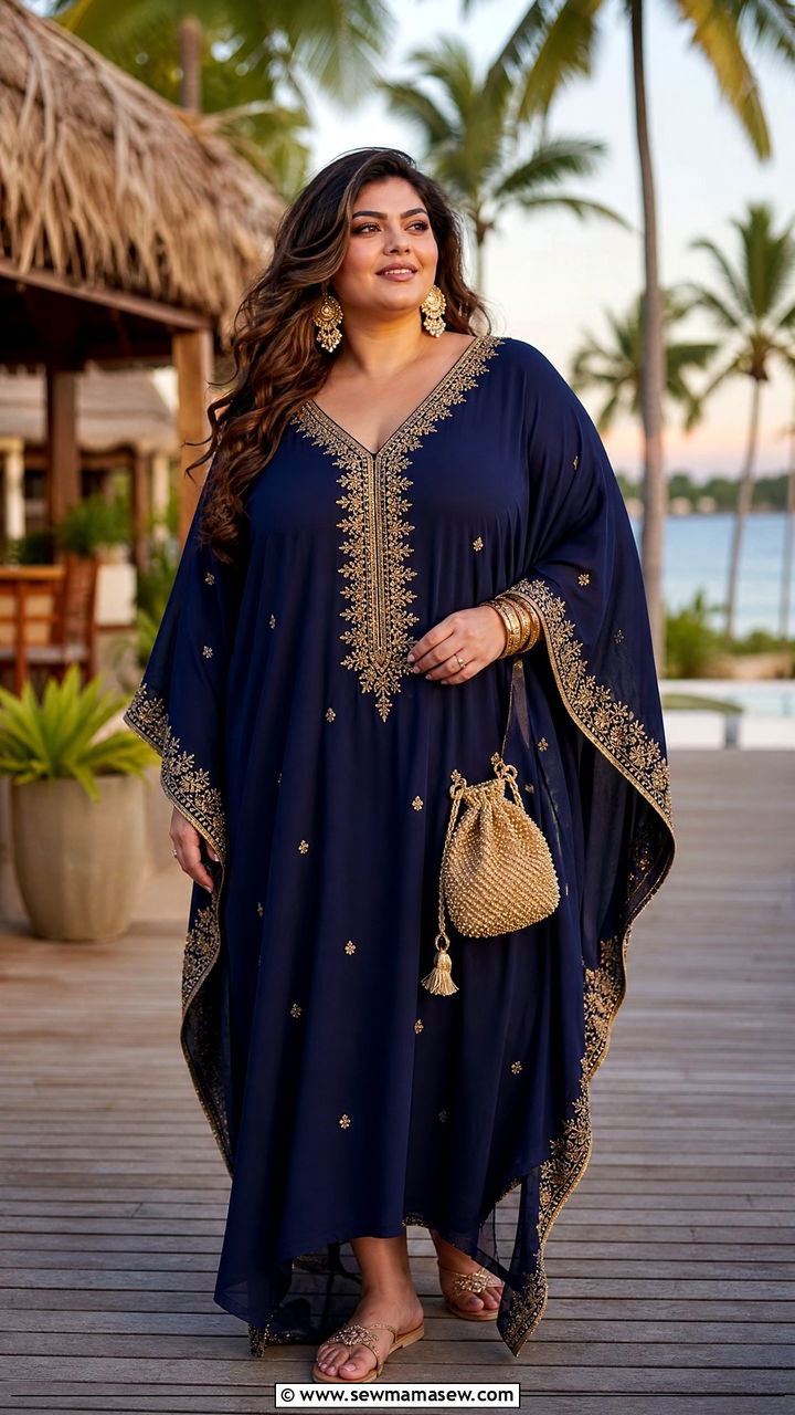 Embroidered Kaftan Dress With Gold Jewelry And Flat Sandals - 30 Party outfits for plus size