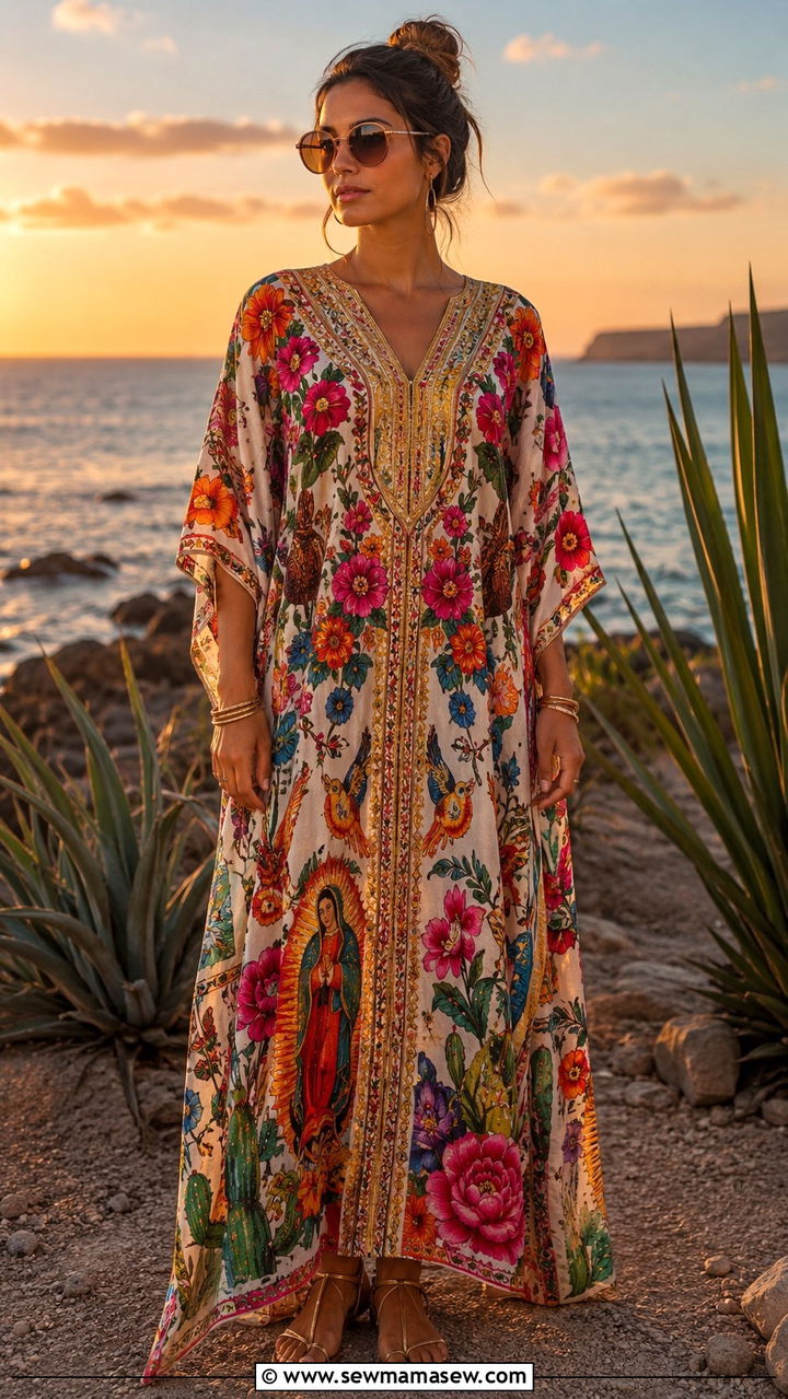 Embroidered Kaftan Dress with Barely There Sandals - 25 Boho outfit ideas 60s style