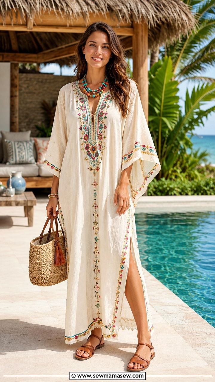 Embroidered Kaftan With Flat Leather Sandals - 30 Modest outfit ideas boho