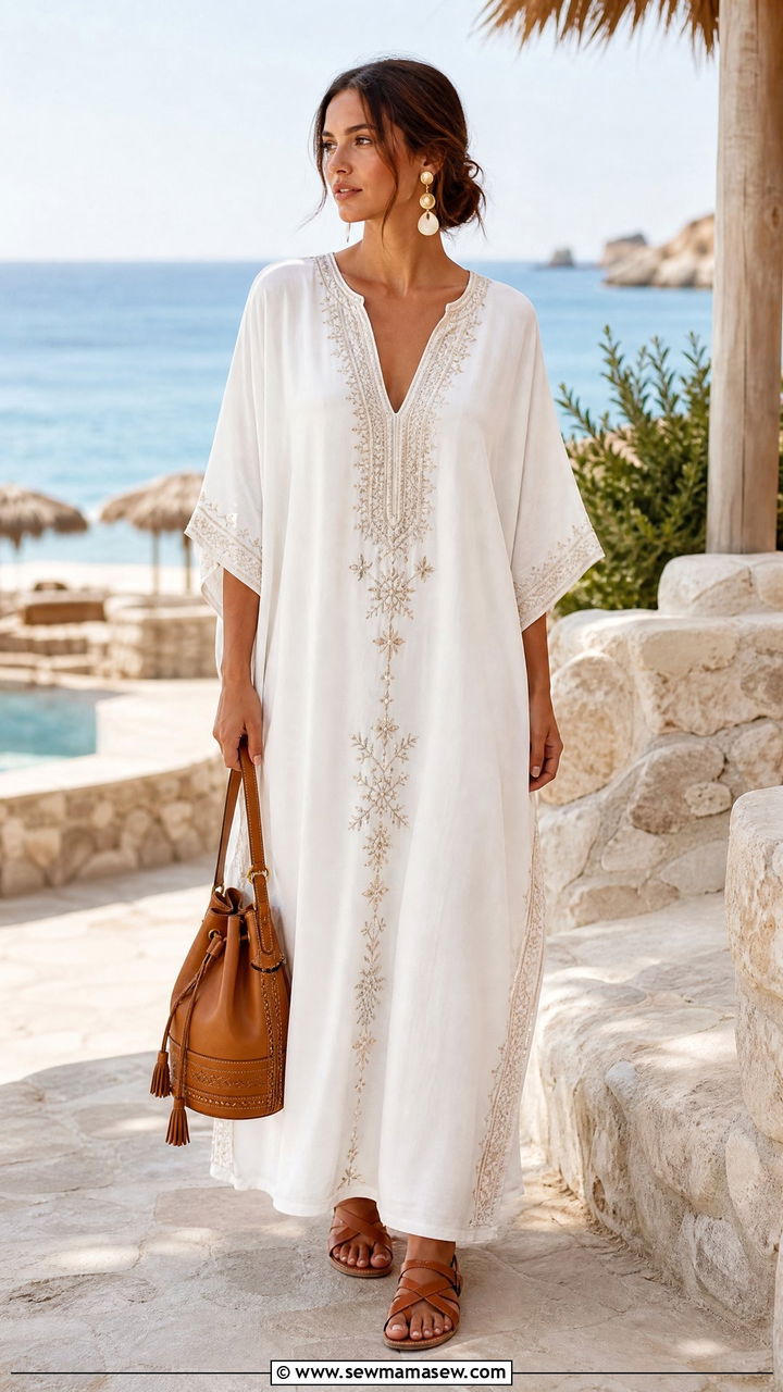 Embroidered Kaftan With Flat Sandals Outfit - 25 Modest outfit ideas for summer heat hot weather