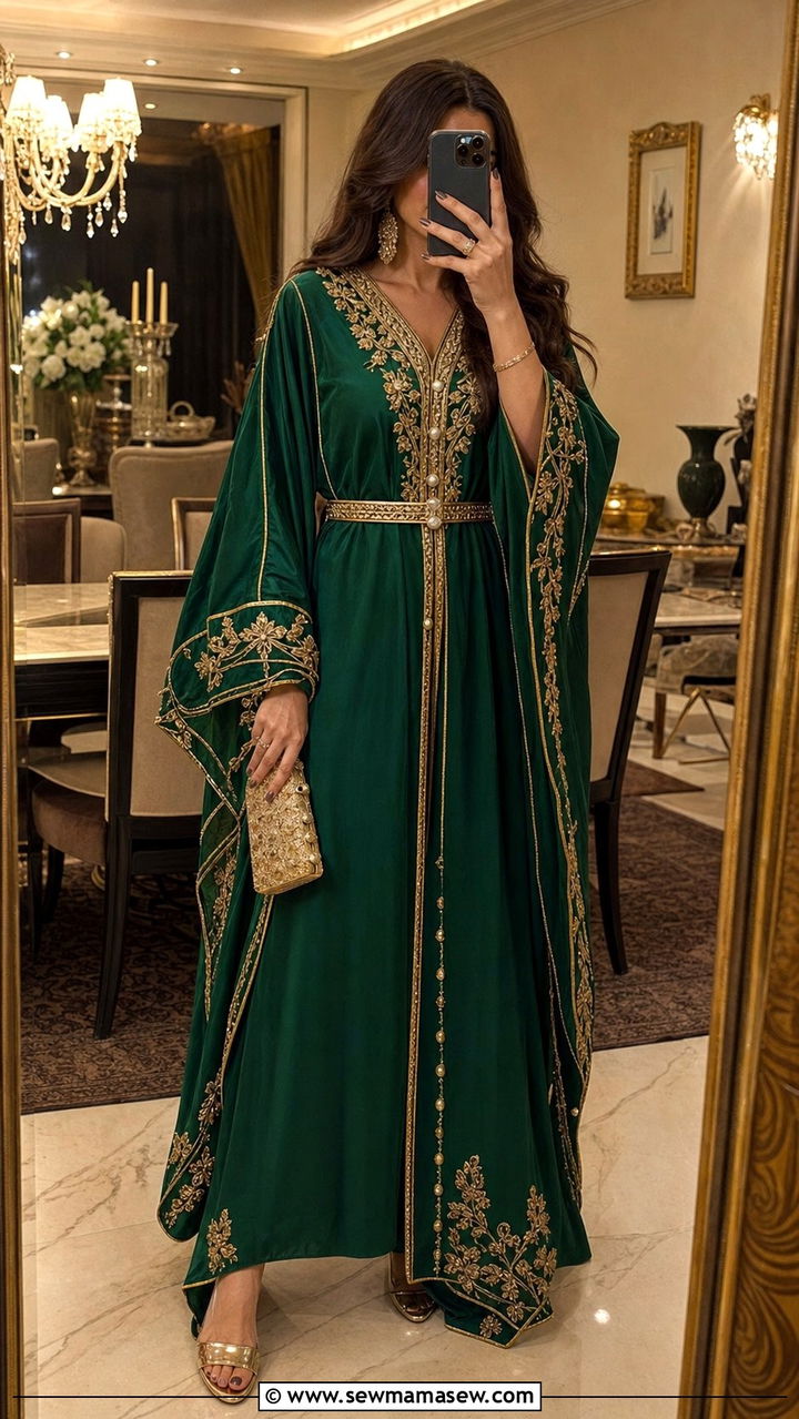 Embroidered Kaftan With Metallic Heels - 25 Eid outfit ideas for women 2026