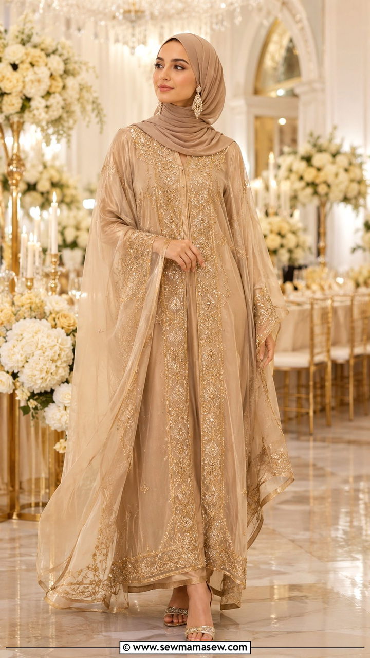 Embroidered Kaftan With Organza Overlay - 30 Modest wedding guest outfit ideas for Muslim women