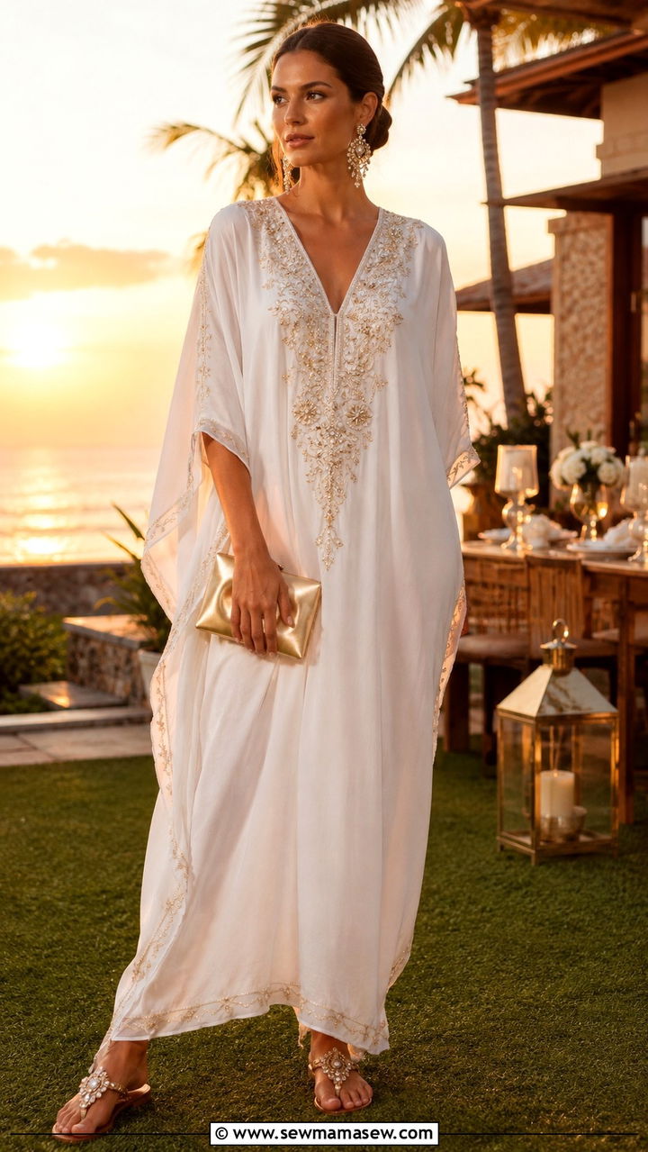 Embroidered Kaftan with Jeweled Sandals - 30 Resort wear outfit ideas Bali