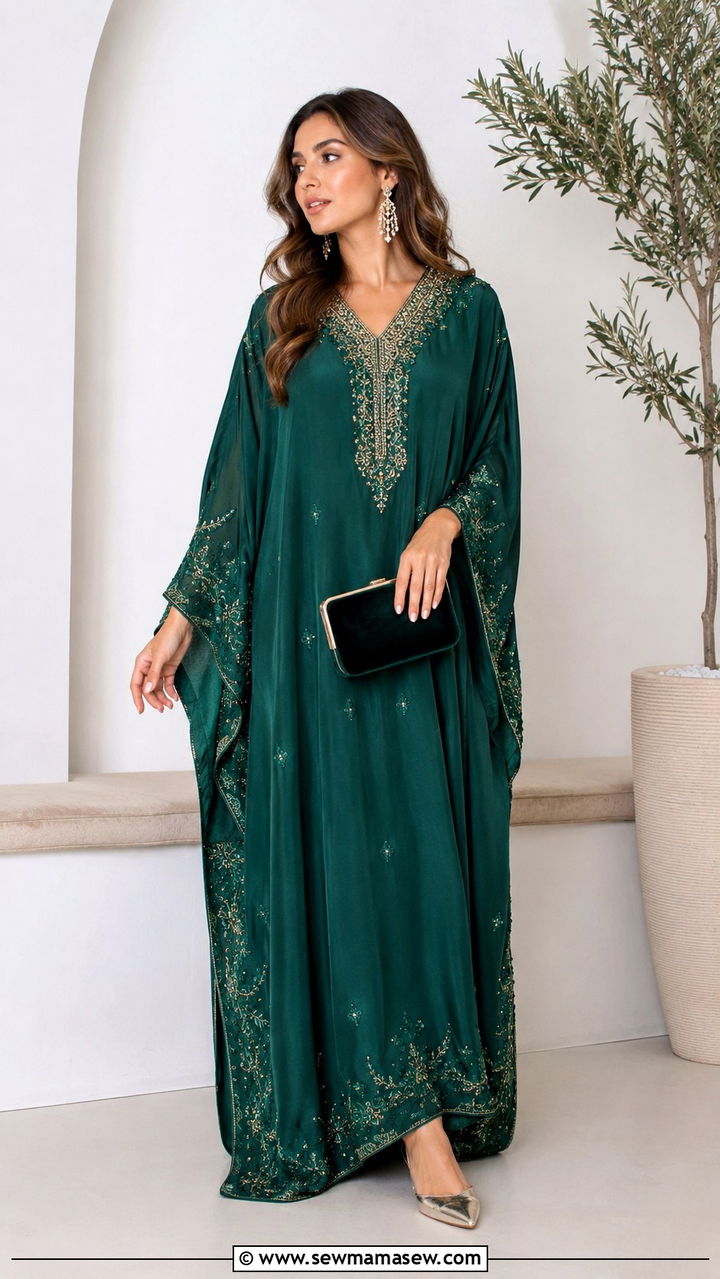Embroidered Kaftan with Statement Earrings - 20 Modest outfit ideas for iftar