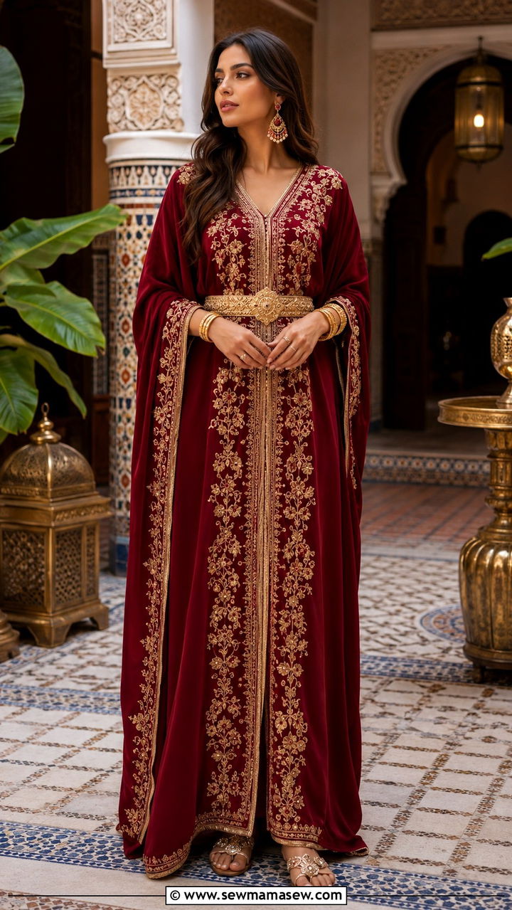 Embroidered Kaftan with Statement Jewelry - 20 Modest outfit ideas for Morocco