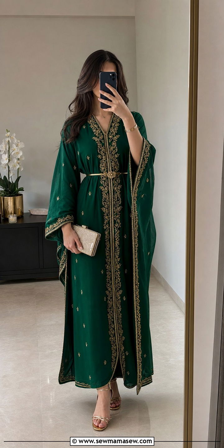 Embroidered Kaftan with Waist Belt - 25 Eid al Fitr outfit ideas 2026