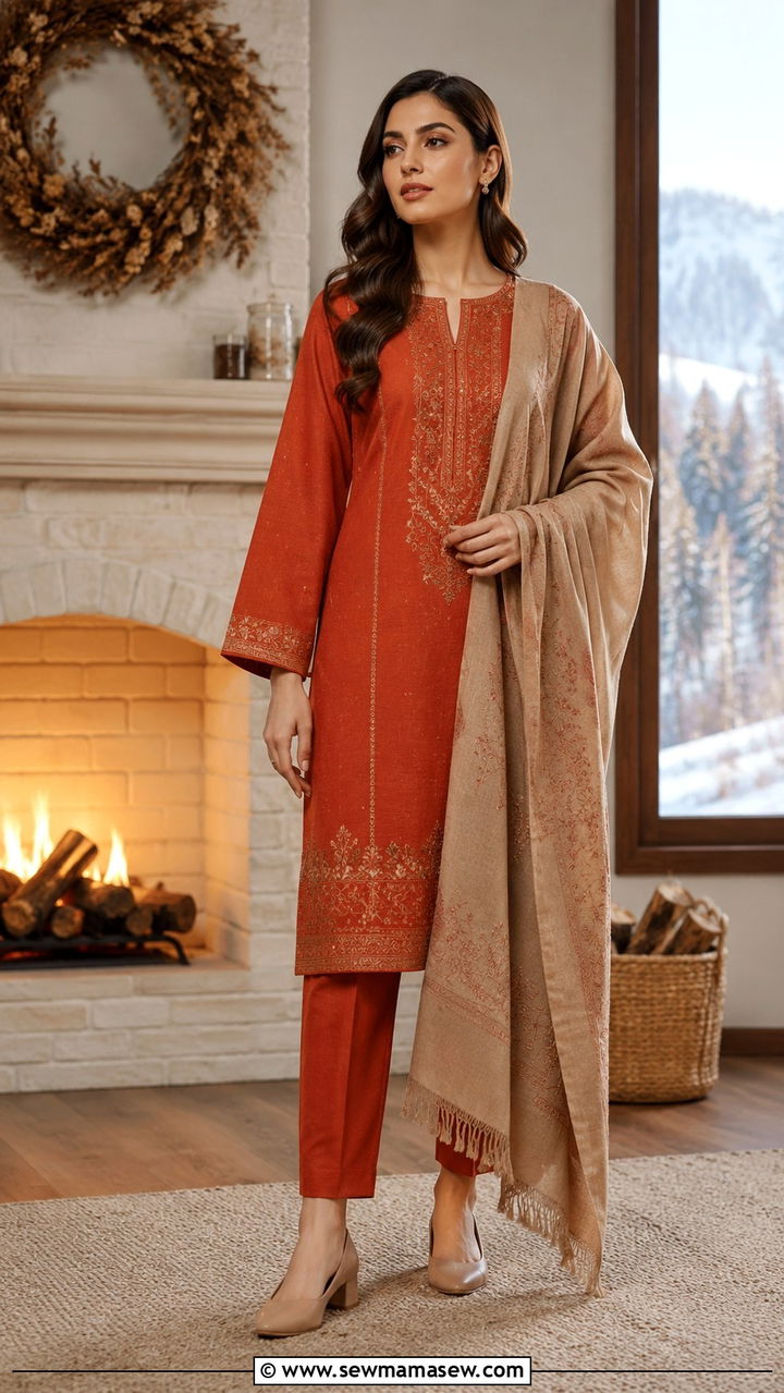 Embroidered Khaddar Suit with Wool Shawl - 30 Karachi outfit ideas