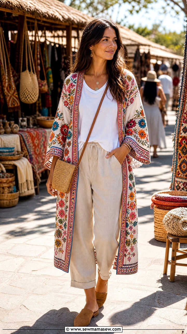 Embroidered Kimono Cover Up With Neutral Basics - 25 Kimono cover up outfit ideas