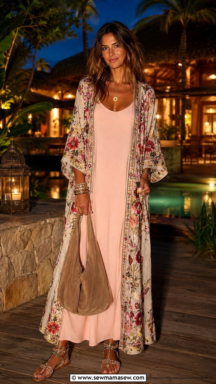 Embroidered Kimono Over Solid Maxi Dress - 30 Bohemian wardrobe essentials