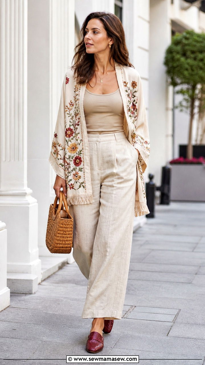 Embroidered Kimono Over Tank And Wide Leg Pants - 40 Boho outfit ideas 2026