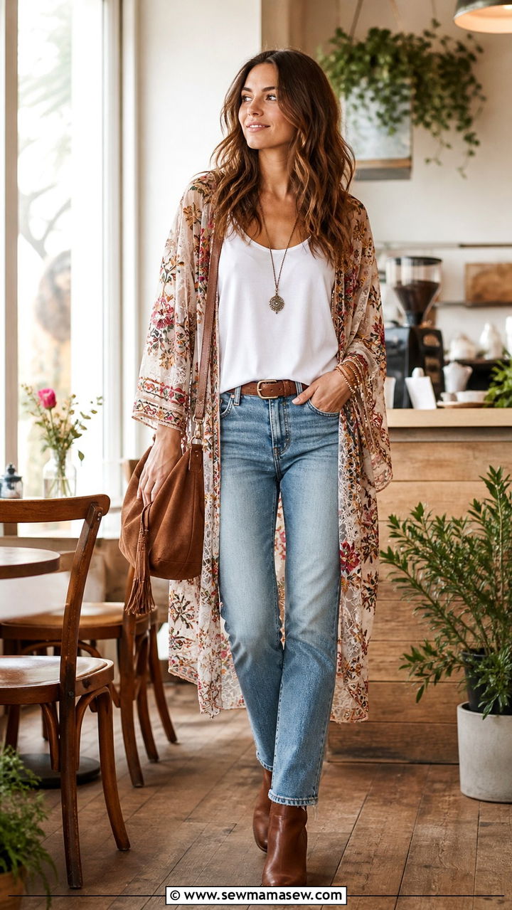 Embroidered Kimono Over White Tank and Jeans - 40 Bohemian outfit ideas