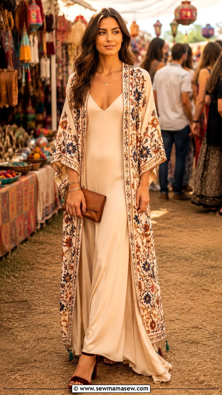 Embroidered Kimono With Maxi Dress - 30 Maxi dress with a kimono outfit ideas