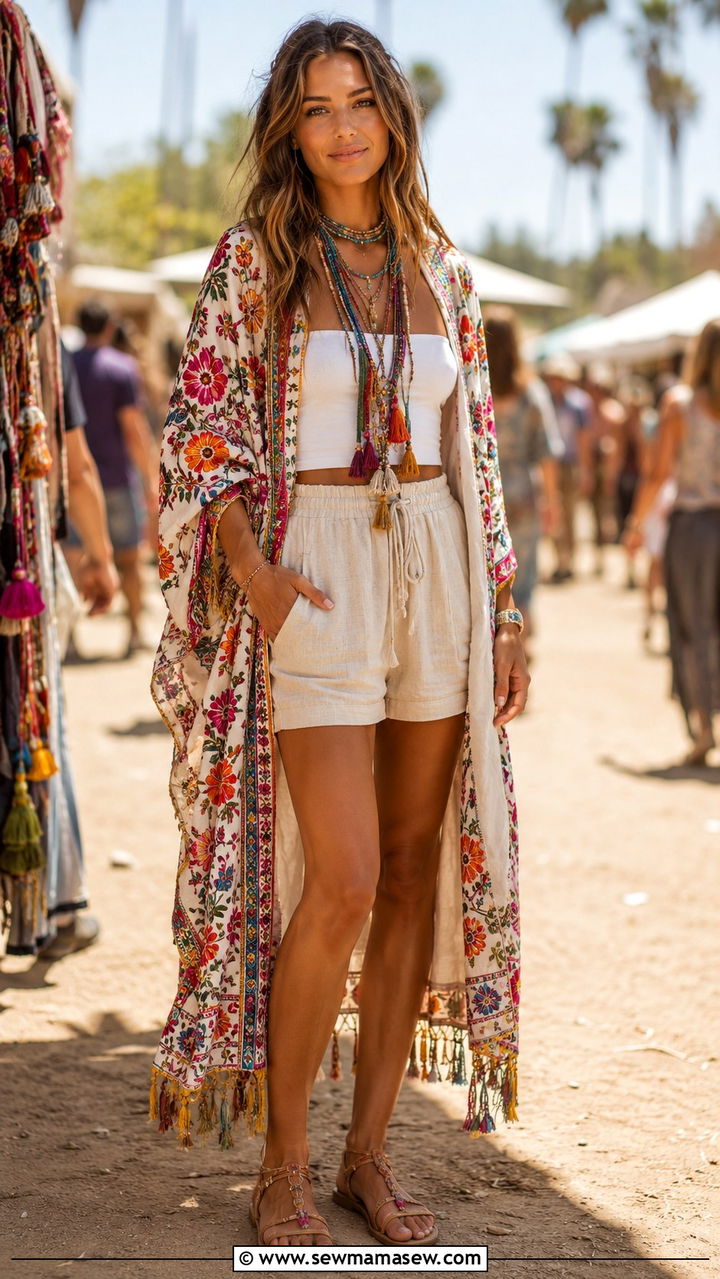 Embroidered Kimono With Shorts And Tassel Layered Necklaces - 25 Boho outfit ideas with layered necklaces