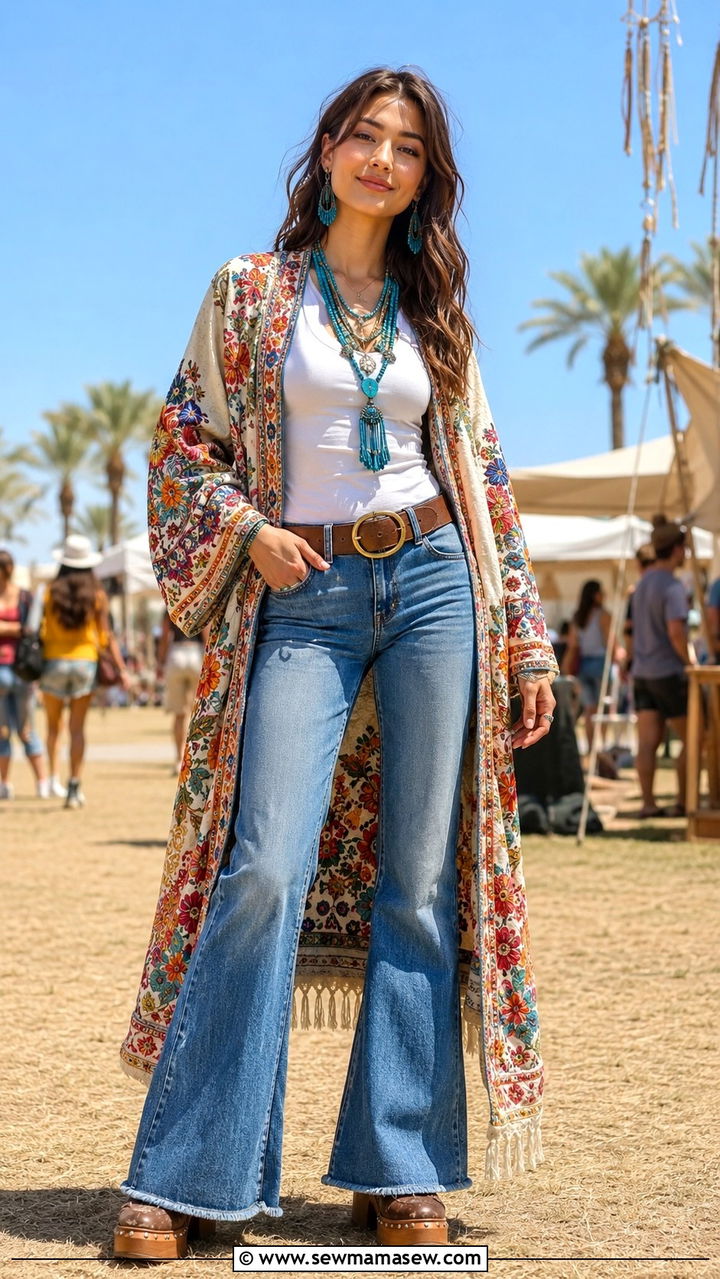 Embroidered Kimono and Bootcut Jeans Outfit - 25 Boho outfit ideas with kimono