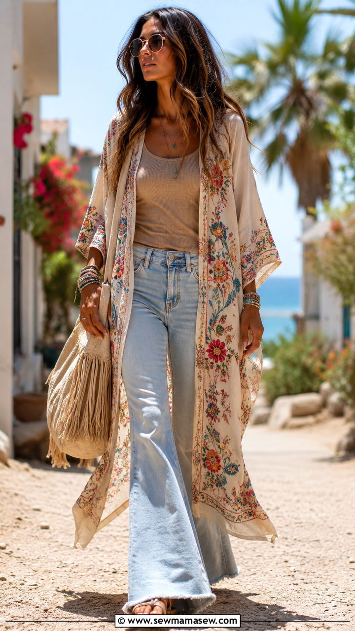 Embroidered Kimono and Flared Jeans Boho Look - 25 Boho outfit ideas with flared jeans