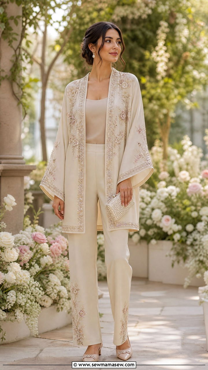 Embroidered Kimono and Straight Pants Set - 25 Kimono matching set outfit ideas