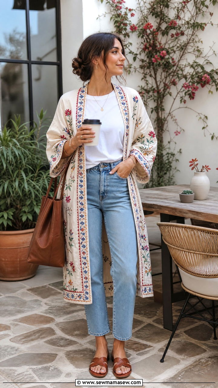 Embroidered Kimono with Jeans and Tee - 30 Modest spring outfits