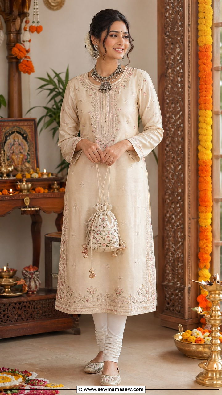 Embroidered Kurta With Churidar For Diwali - 35 Diwali outfit ideas for women