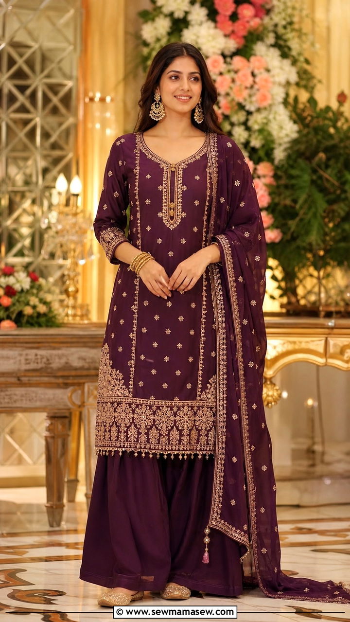 Embroidered Kurta with Ethnic Palazzo Pants - 40 palazzo pants outfit ideas
