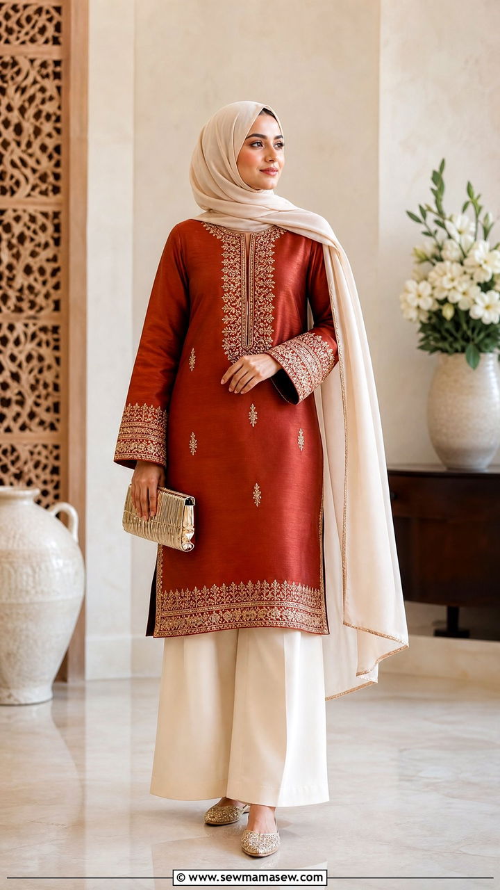 Embroidered Kurta with Wide Leg Trousers and Chiffon Hijab - 30 Eid outfit ideas with hijab