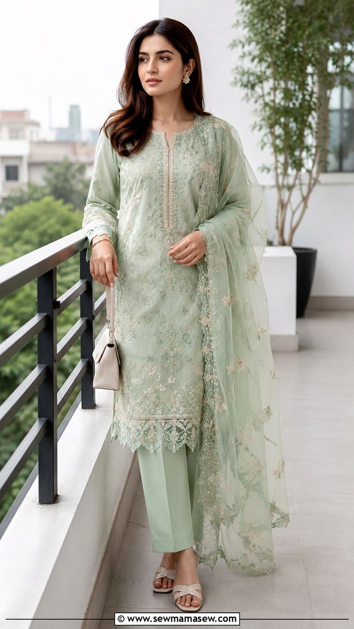 Embroidered Lawn Suit With Straight Trousers - 20 Modest outfit ideas for Pakistan