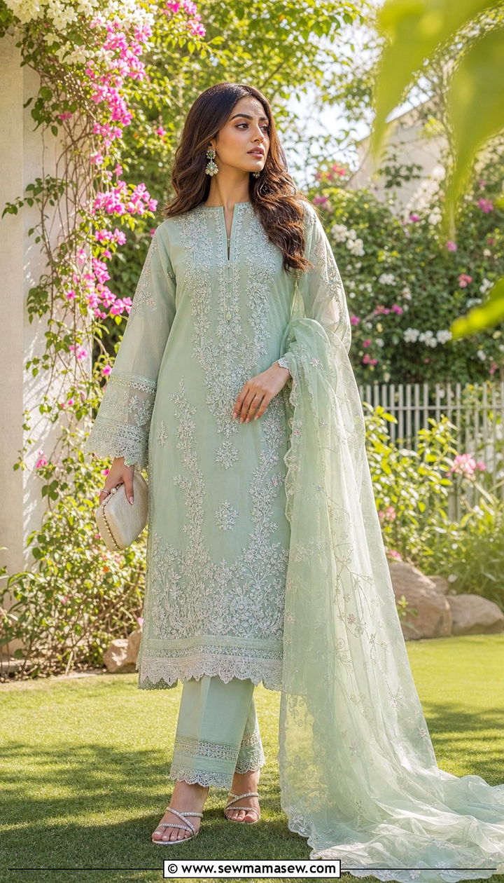 Embroidered Lawn Suit with Organza Dupatta - 25 Eid outfit ideas Pakistani