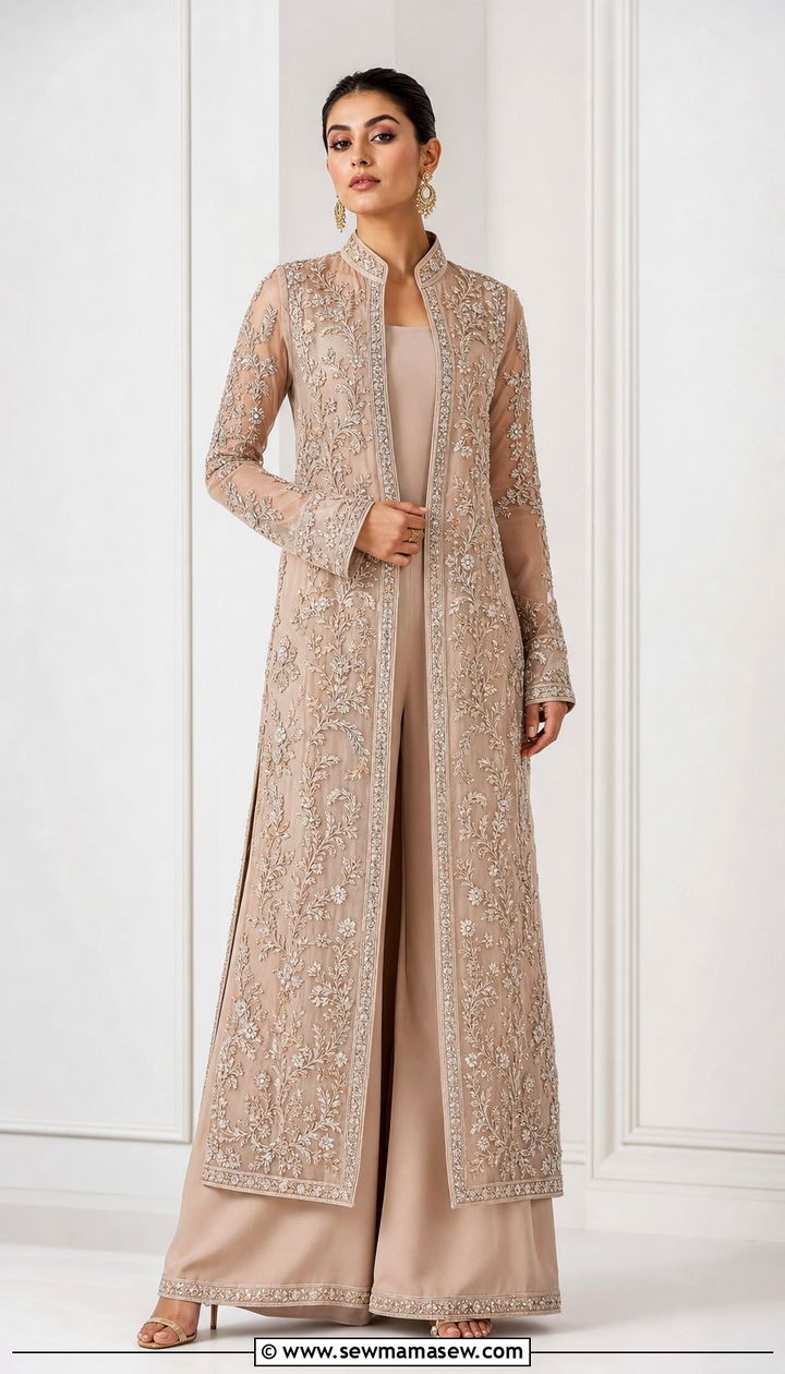 Embroidered Long Jacket with Palazzo Pants - 25 Eid outfit ideas Pakistani