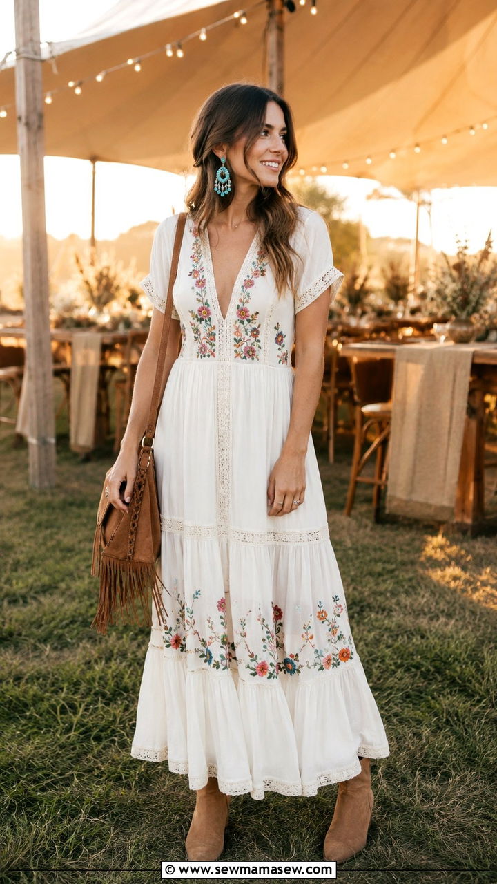 Embroidered Maxi Dress And Booties - 30 Tent wedding guest outfit ideas