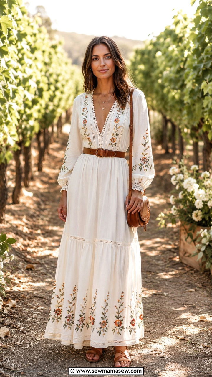 Embroidered Maxi Dress With Cognac Leather Accessories - 25 Winery wedding guest outfit ideas