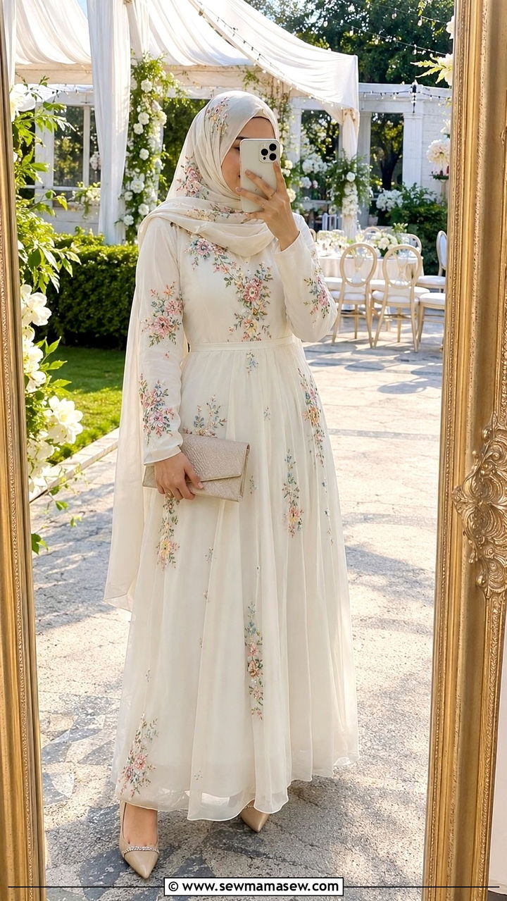 Embroidered Maxi Dress With Matching Hijab - 30 Modest wedding guest outfit ideas with hijab