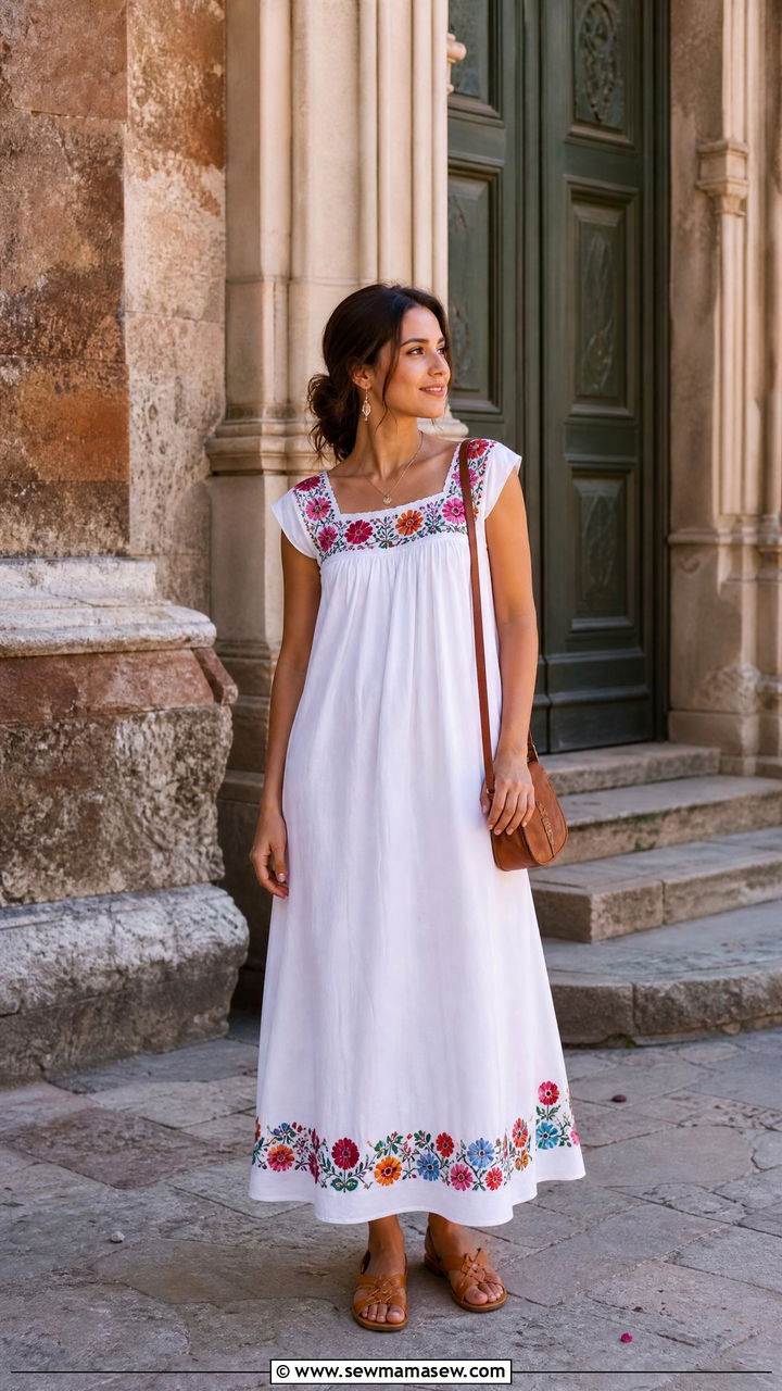 Embroidered Maxi Dress With Sandals - 30 Mexico packing list outfits