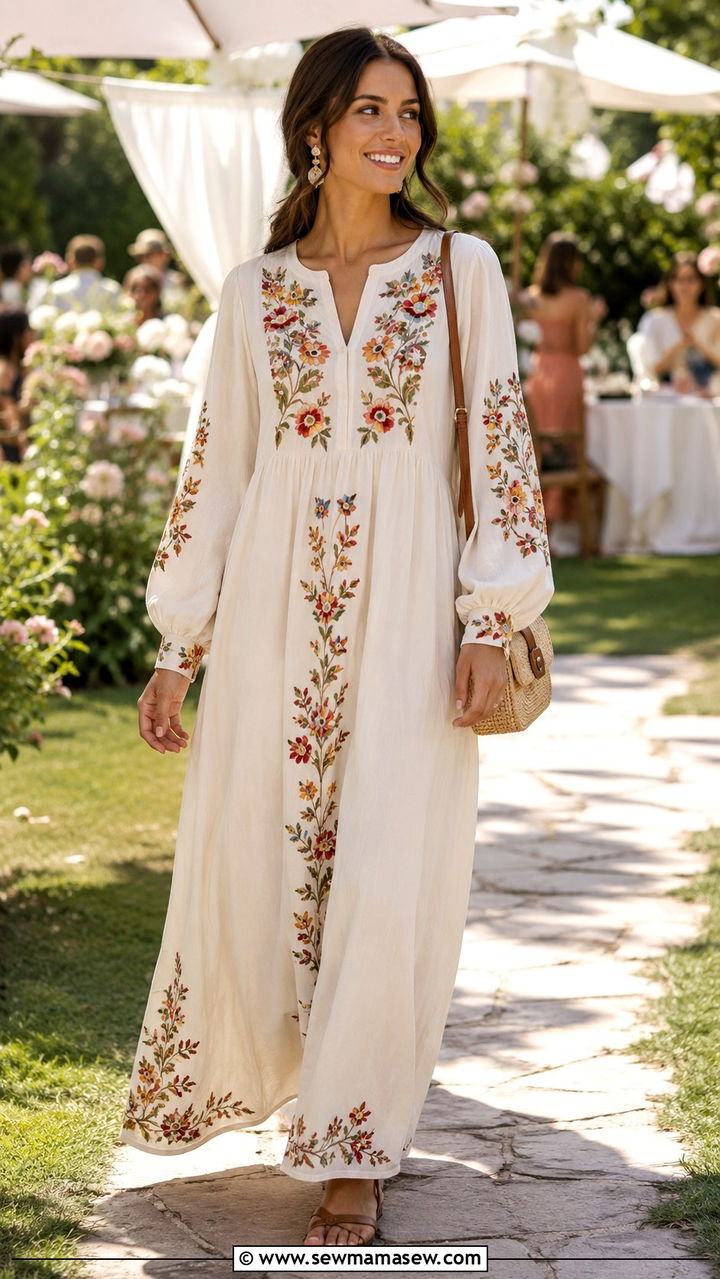 Embroidered Maxi Dress With Simple Sandals - 30 Modest outfit ideas with maxi dress