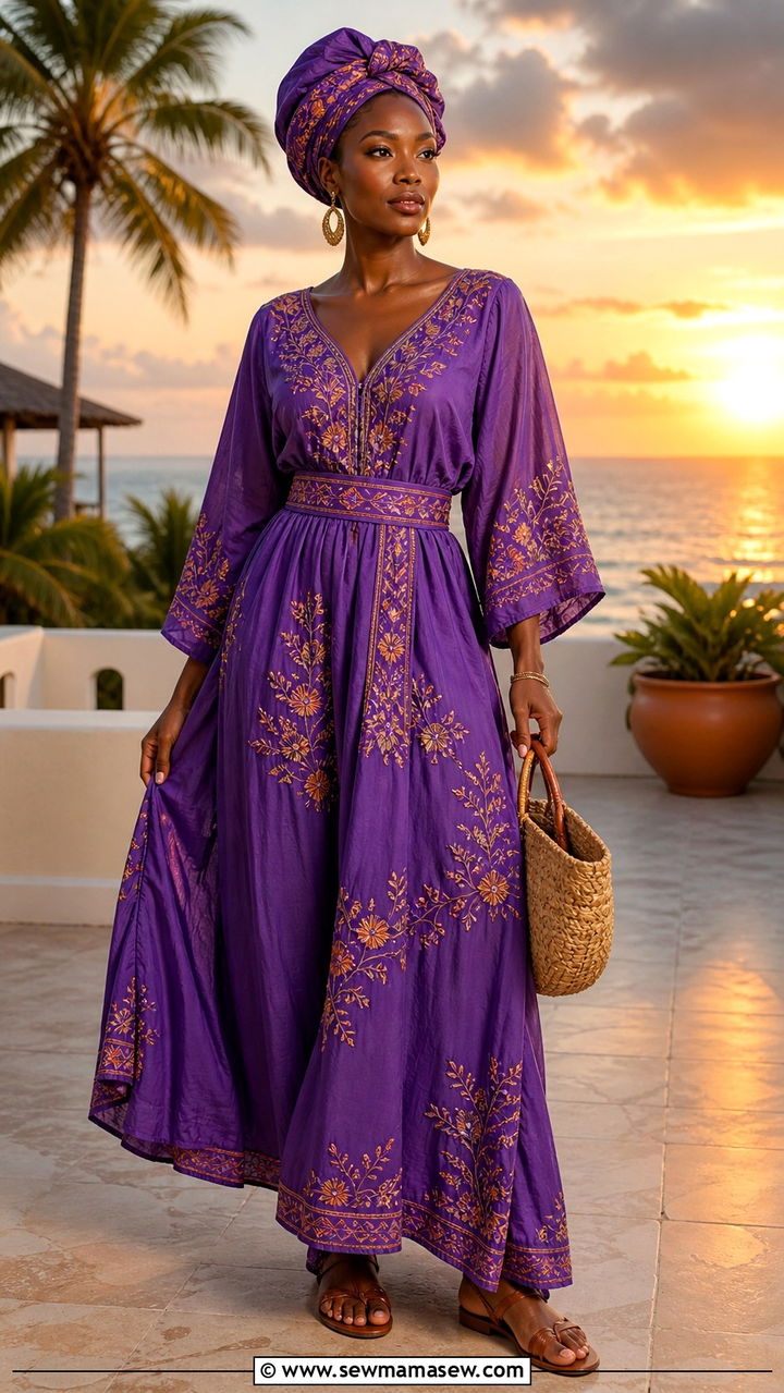 Embroidered Maxi Dress and Silk Headwrap - 40 Spring travel outfits