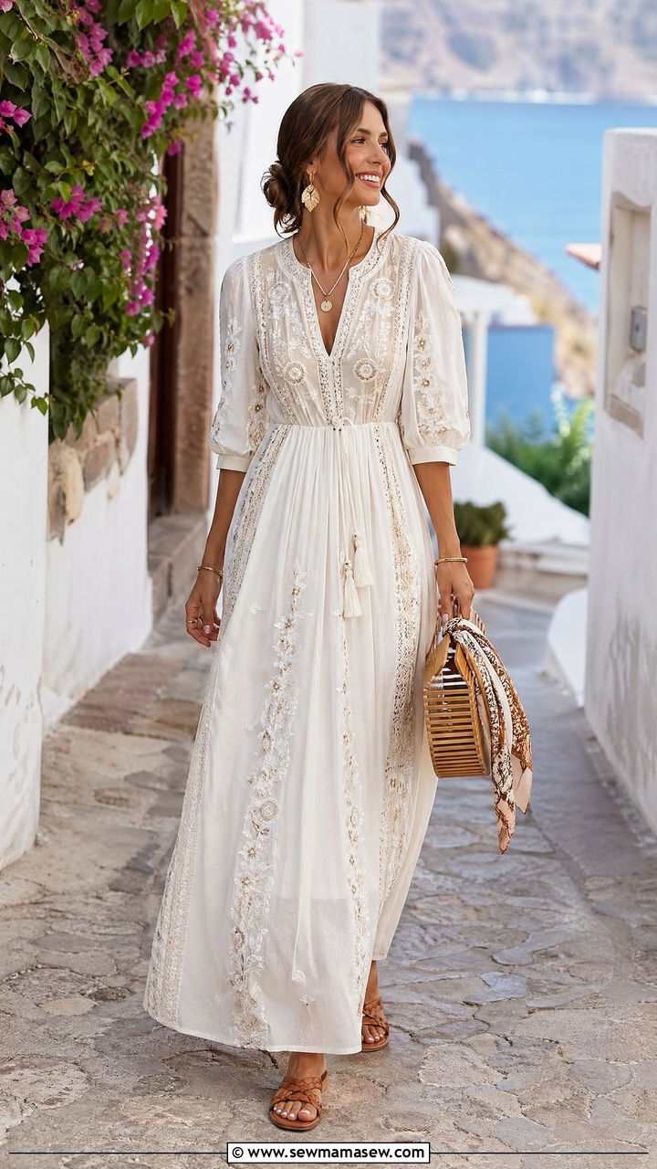 Embroidered Maxi Dress for European Summer Wedding - 35 Destination wedding guest outfit ideas