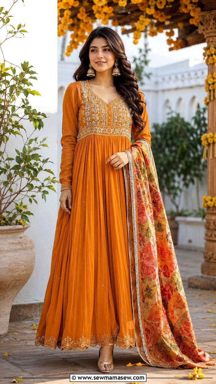 Embroidered Maxi Dress in Mustard Orange - 25 Wedding guest outfit ideas Mehndi ceremony