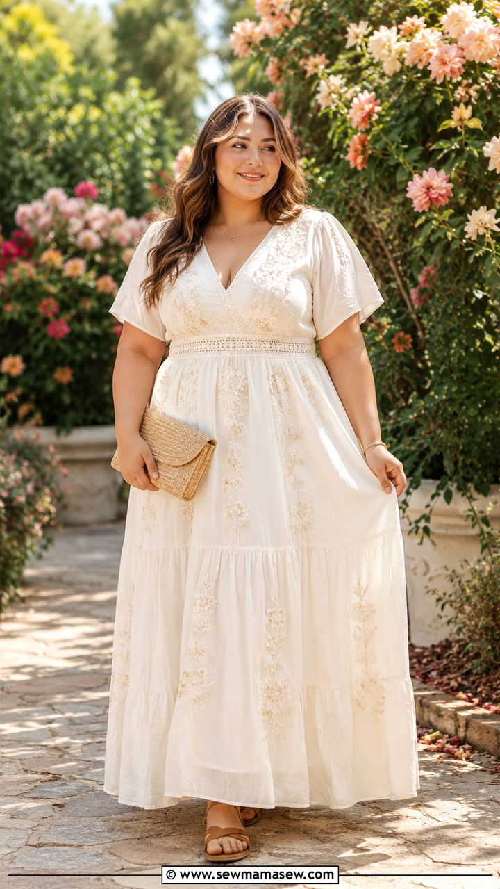 Embroidered Maxi Dress with Flat Sandals - 30 Plus size outfit ideas for graduation