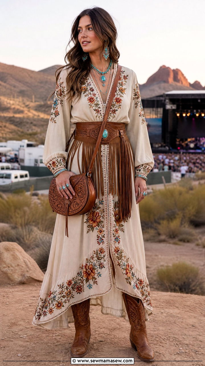 Embroidered Maxi Dress with Fringe Belt and Cowboy Boots - 30 Maxi dress outfit ideas with a belt