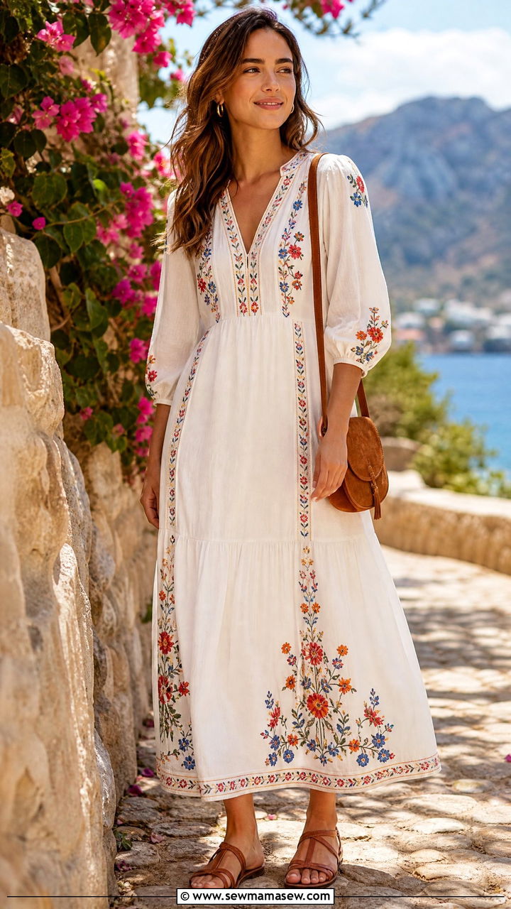 Embroidered Maxi Dress with Leather Sandals Outfit - 30 Country spring outfits