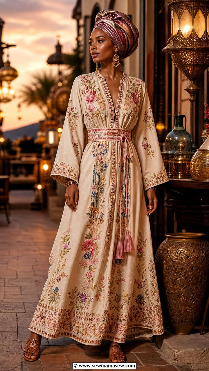 Embroidered Maxi Dress with Silk Headwrap - 40 Spring vacation outfits