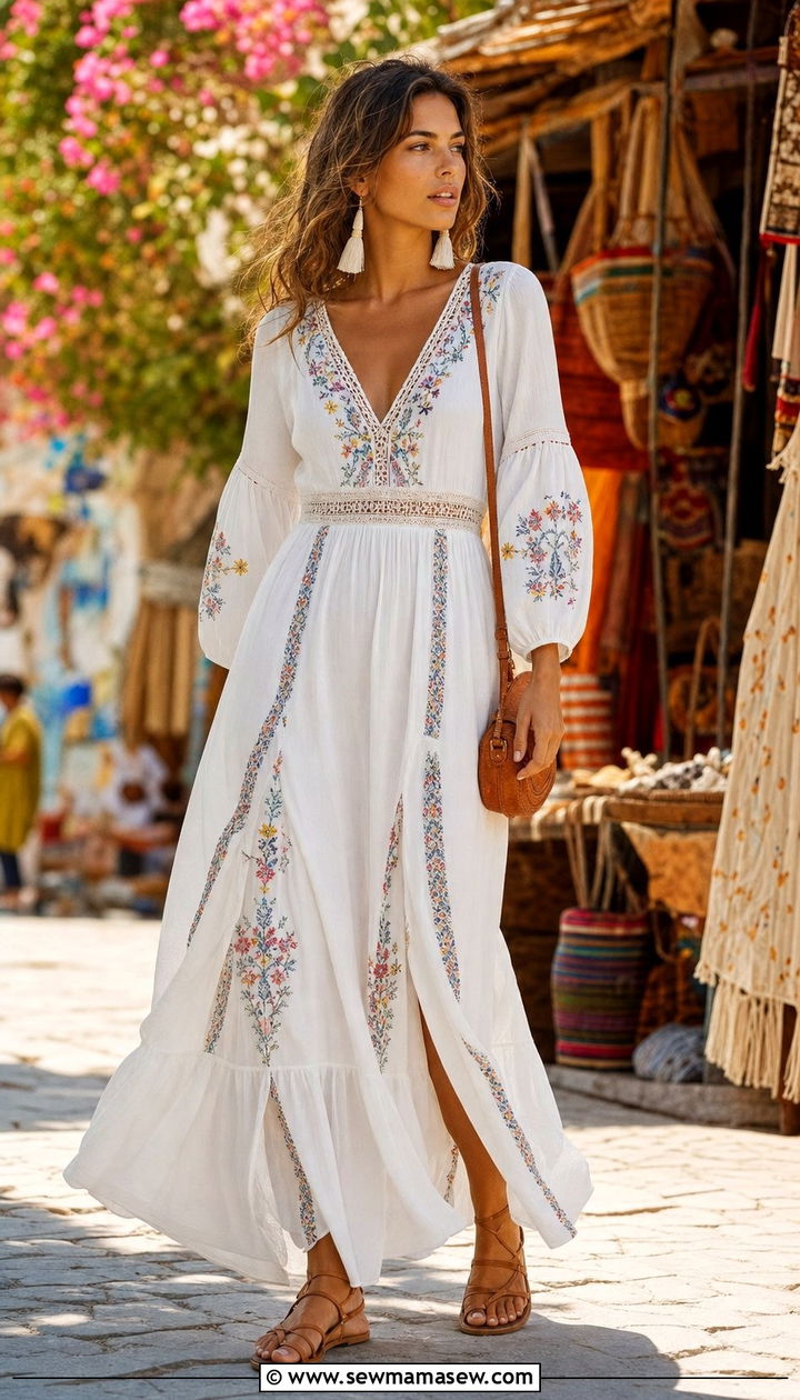Embroidered Maxi Dress with Tassel Earrings - 25 cute boho chic outfits