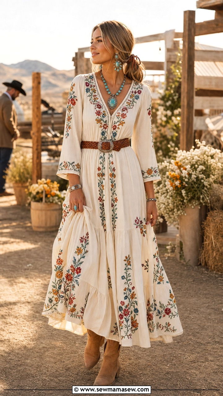 Embroidered Maxi Dress with Western Ankle Boots - 35 Boho wedding guest outfits