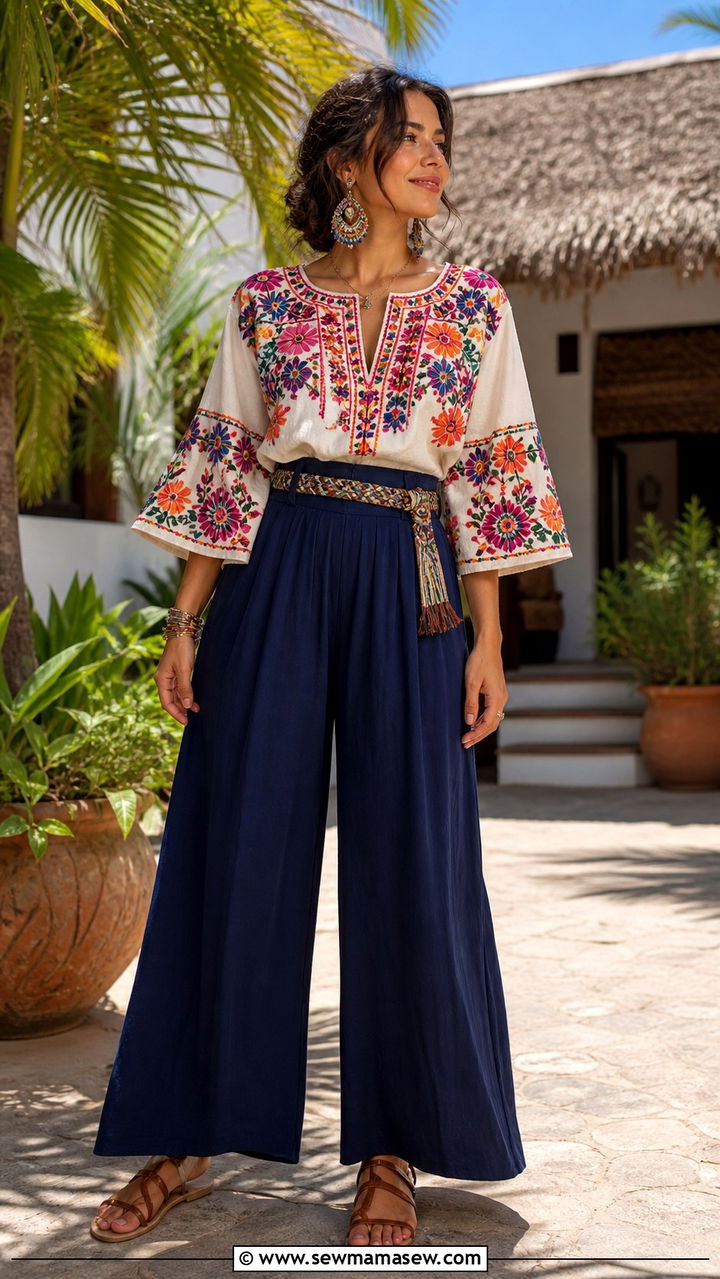 Embroidered Mexican Blouse with Palazzo Pants - 40 Bohemian outfit ideas