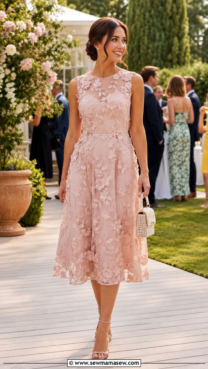 Embroidered Midi Dress For Black Tie Optional Guest - 25 Black tie optional wedding guest outfit ideas