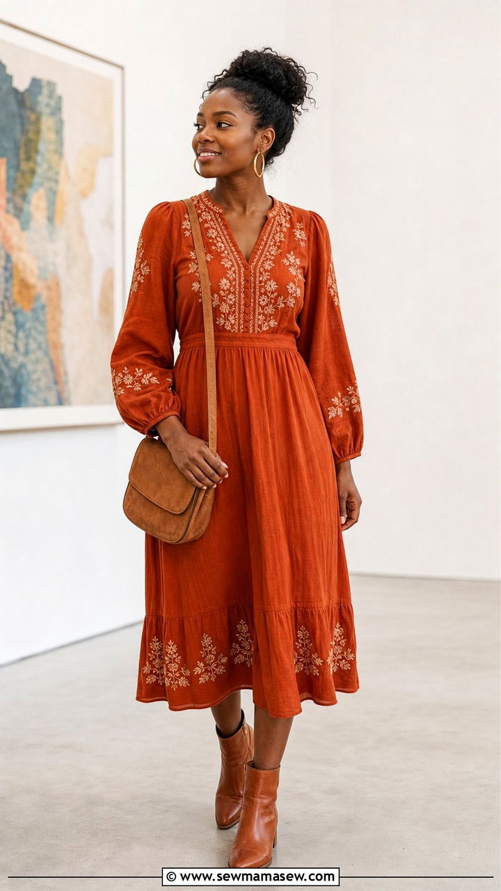 Embroidered Midi Dress With Ankle Boots Boho Look - 35 boho chic outfits ideas