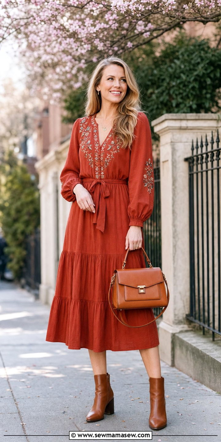 Embroidered Midi Dress With Ankle Boots - 35 Boho spring outfit ideas 2026