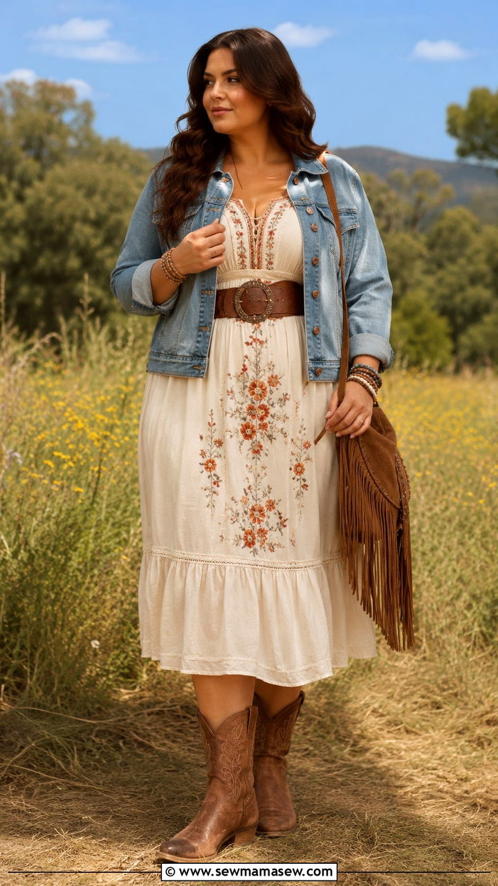 Embroidered Midi Dress With Cowboy Boots - 30 Boho outfits for curvy women