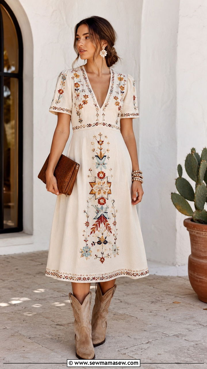 Embroidered Midi Dress With Cowboy Boots - 20 How to style cowboy boots for a wedding